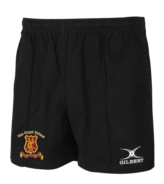 Crypt School Kiwi Pro Rugby Shorts by Gilbert feature an embroidered school logo and The Crypt School crest on the left leg, plus the Gilbert logo on the right leg—perfect as official rugby shorts for Crypt School.