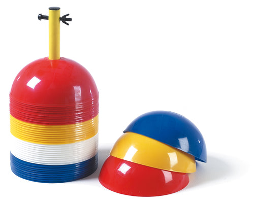 The Precision Training Precision Dome Markers (Set of 40) feature colorful plastic cones stacked on a holder with a yellow handle, with three cones—red, yellow, and blue—lying beside the stack.
