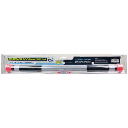 The Fitness Mad Deluxe Doorway Gym Bar features black foam grips, red ends, and comes in clear packaging with a labeled backing—ideal for doorway gym setups and effective abdominal workouts.