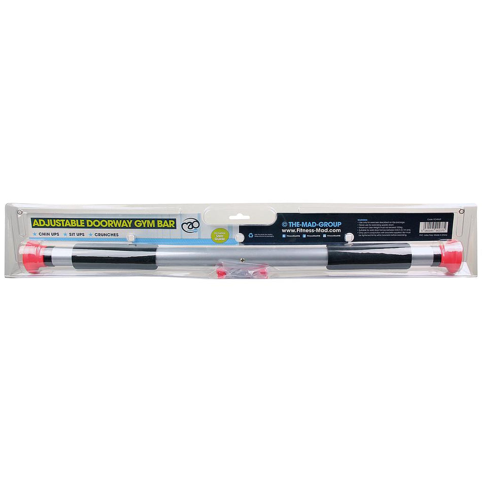 The Fitness Mad Deluxe Doorway Gym Bar features black foam grips, red ends, and comes in clear packaging with a labeled backing—ideal for doorway gym setups and effective abdominal workouts.
