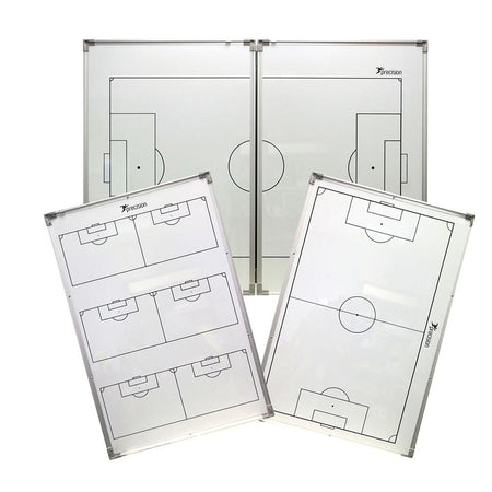 Set of four Precision Training Double-Sided "Folding" Soccer Tactics Boards with black-outlined soccer fields, ideal for strategy planning in the dressing room. Each board features the Precision logo and resembles a full pitch magnetic layout.