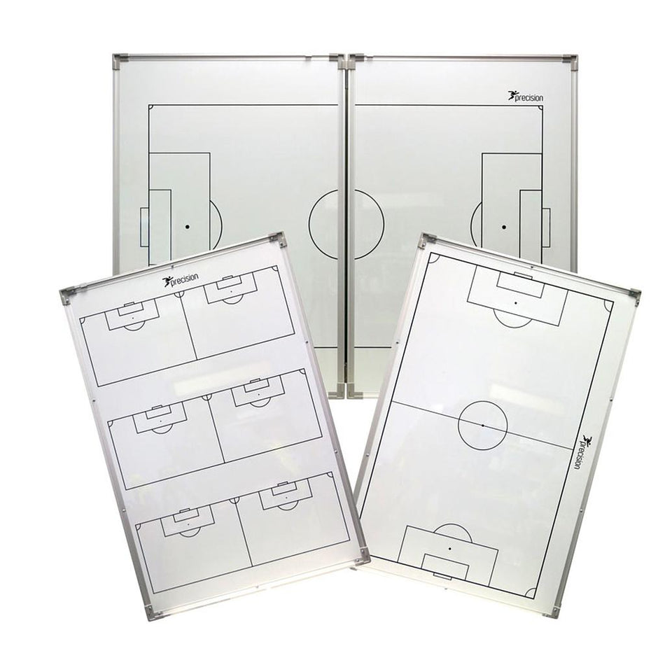 Set of four Precision Training Double-Sided "Folding" Soccer Tactics Boards with black-outlined soccer fields, ideal for strategy planning in the dressing room. Each board features the Precision logo and resembles a full pitch magnetic layout.