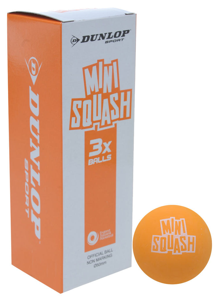 A box labeled Dunlop Play Mini Squash Ball stands upright next to a high bounce squash ball, both featuring the Dunlop brand and Mini Squash logo.