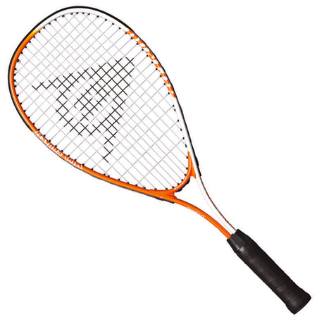 The Dunlop Play Mini Squash Racket by Dunlop features an orange and white design with black strings and a black grip, shown against a white background.