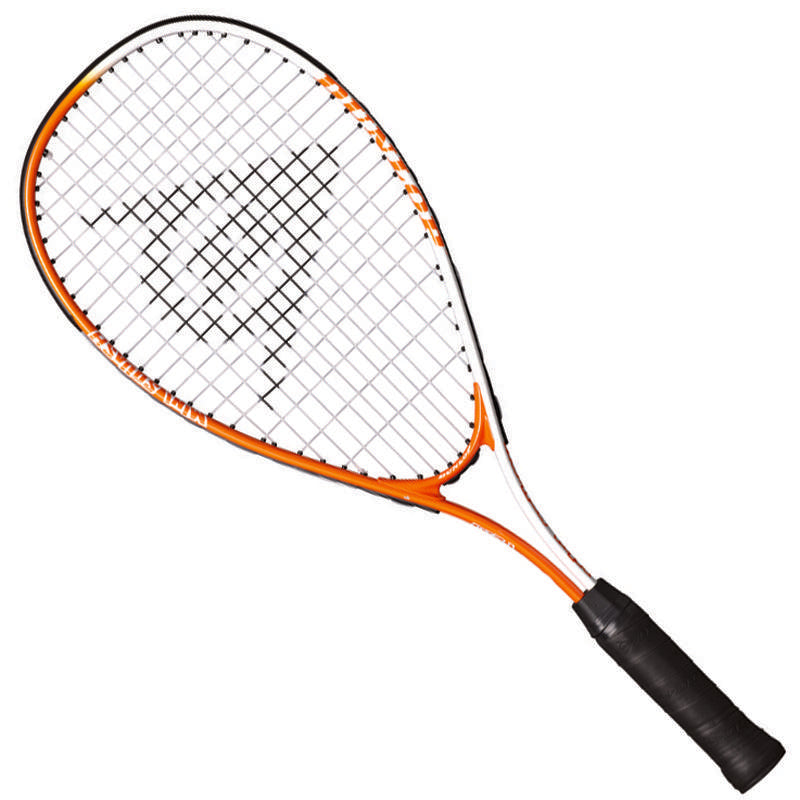 The Dunlop Play Mini Squash Racket by Dunlop features an orange and white design with black strings and a black grip, shown against a white background.