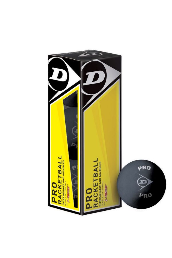 A black Dunlop Racketball PRO ball is displayed beside its yellow and black box, labeled "Dunlop Racketball PRO 3 Ball Box" and featuring the Dunlop logo.