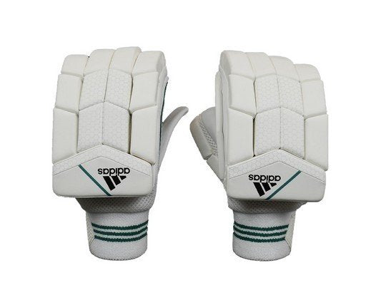 Adidas XT Teal 2.0 Batting Gloves, white with green-striped cuffs, shown palm-down on a plain background—crafted by Adidas to deliver superior protection for every cricketer.