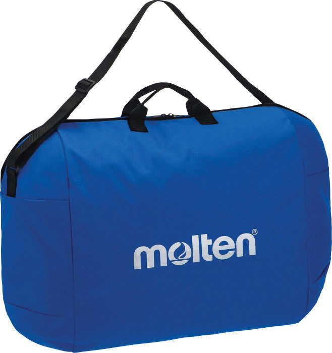 The Molten Basketball Carrying Bag - Large is a blue, durable nylon bag with black straps and handles, featuring the white Molten logo on the front.