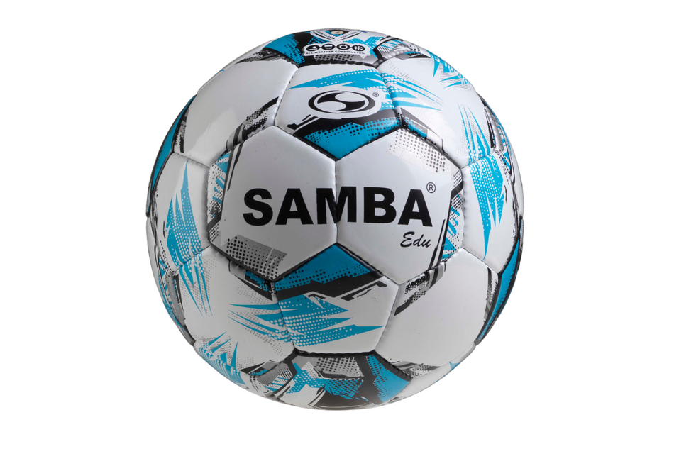 The Samba Infiniti EDU Football by Samba Sports is a white, handstitched ball featuring blue and black geometric patterns with "SAMBA" in bold black letters on the front.