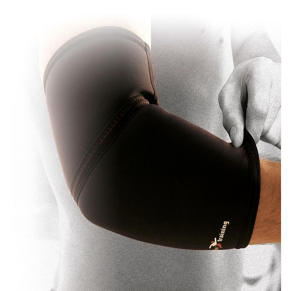 A close-up shows a person adjusting the fit of the Precision Neoprene Elbow Support by Precision Training on their arm, with a mostly grayscale background.