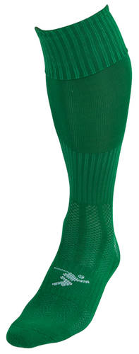 The Precision Training Precision Plain Pro Football Socks Adult in green are shown knee-high and upright on a white background, featuring ribbed sections for ankle support and a small white logo near the toes.