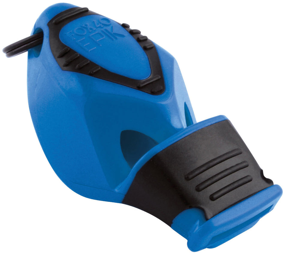 The Fox 40 Epik CMG Safety Whistle and Strap by Fox 40 is a blue plastic whistle with an ergonomic design, black cushioned mouth grip, and a top loop to attach a lanyard.
