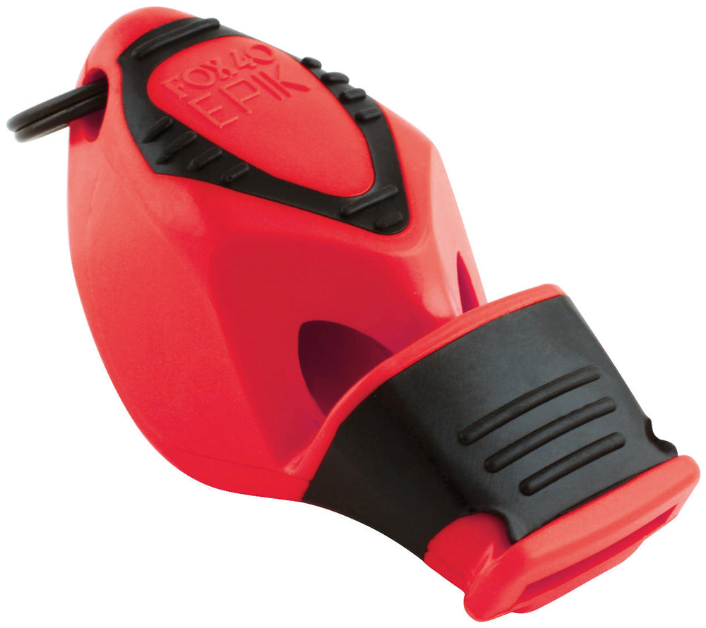 A close-up of the Fox 40 Epik CMG Safety Whistle and Strap by Fox 40, a red and black pealess whistle with a cushioned mouth grip and attached black loop, featuring the brand name embossed on the side.