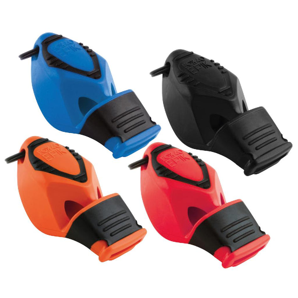 The Fox 40 Epik CMG Safety Whistle and Strap by Fox 40 is shown in blue, black, orange, and red, each with a black cushioned mouth grip and top markings, displayed on a white background.