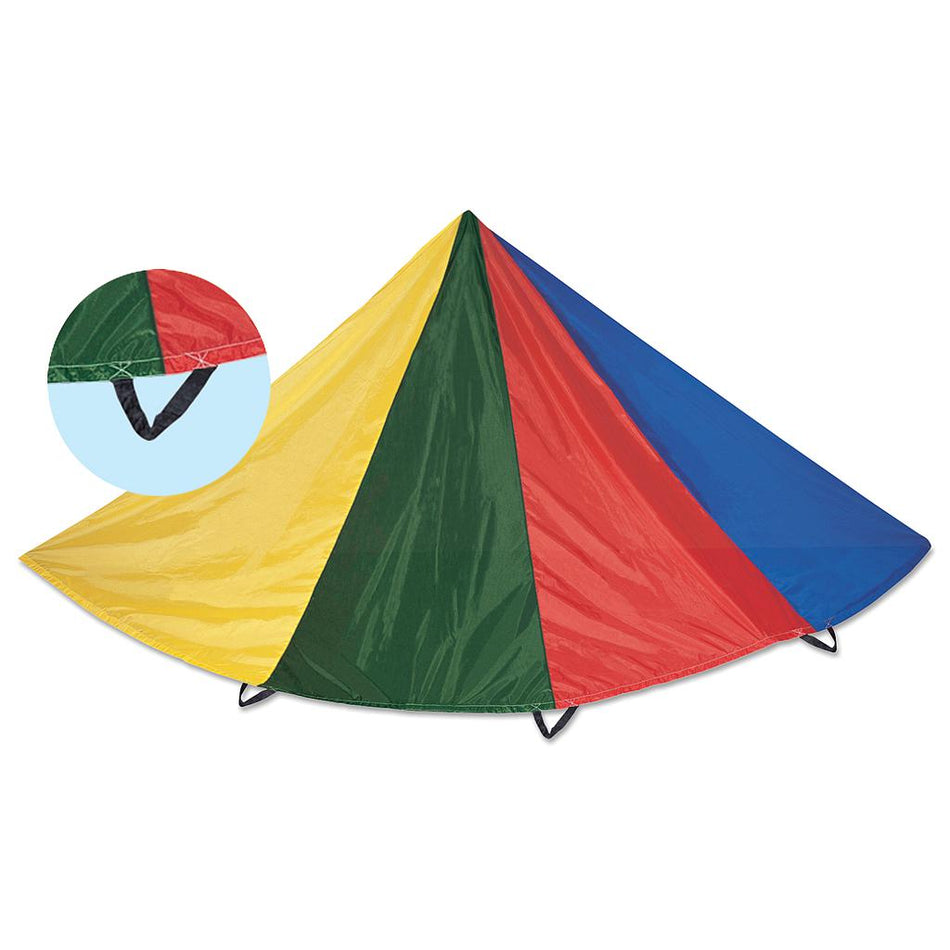 The Essential Parachute by Reydon Sports is a large, cone-shaped play tent crafted from heavy-duty nylon parachute material with alternating yellow, green, red, and blue panels. An inset highlights the vibrant multicolored canopy fabric.