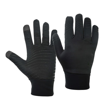 The Precision Training Precision Essential Warm Players Gloves Adult are black gloves featuring silicone palm grip, touchscreen-compatible index and thumb tips, extended wrist cuffs, and a cozy fleece lining for warmth.