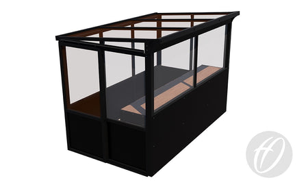 The Harrod Sport European Technical Shelter is a black, rectangular freestanding unit with transparent side panels, a flat roof, an interior wooden bench along one side, and a circular logo at the lower right corner.