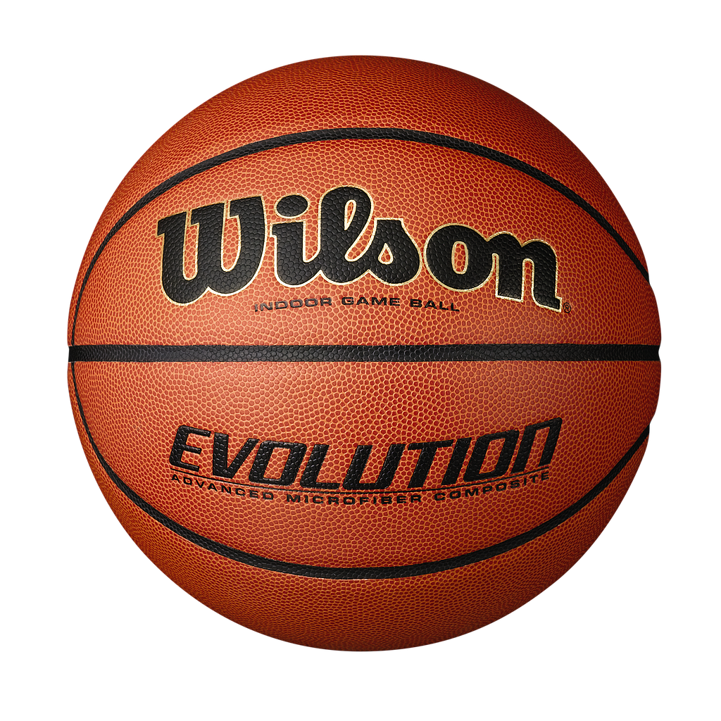 The Wilson Evolution Basketball by Wilson features black lettering on a textured orange-brown surface. NFHS approved, it's displayed against a plain white background.