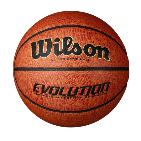 The Wilson Evolution Basketball by Wilson features black lettering on a textured orange-brown surface. NFHS approved, it's displayed against a plain white background.