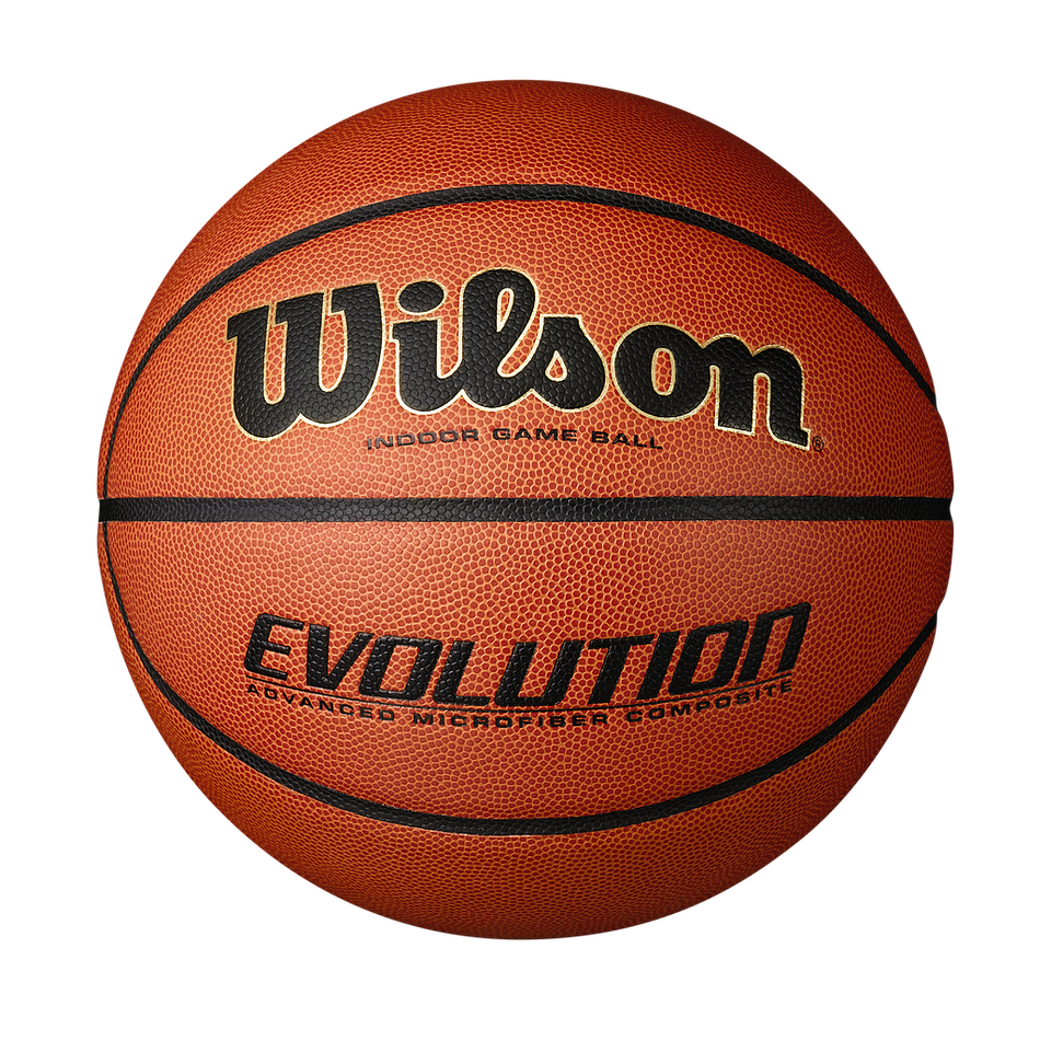 The Wilson Evolution Basketball by Wilson features black lettering on a textured orange-brown surface. NFHS approved, it's displayed against a plain white background.