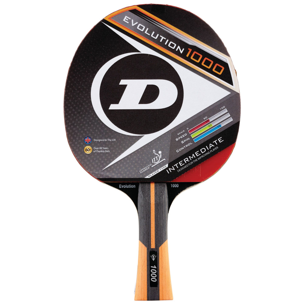 The Dunlop Evolution 1000 Table Tennis Bat, labeled "Intermediate," features a black, orange, and white design with a speed, spin, and control chart—perfect for intermediate players seeking balanced performance.
