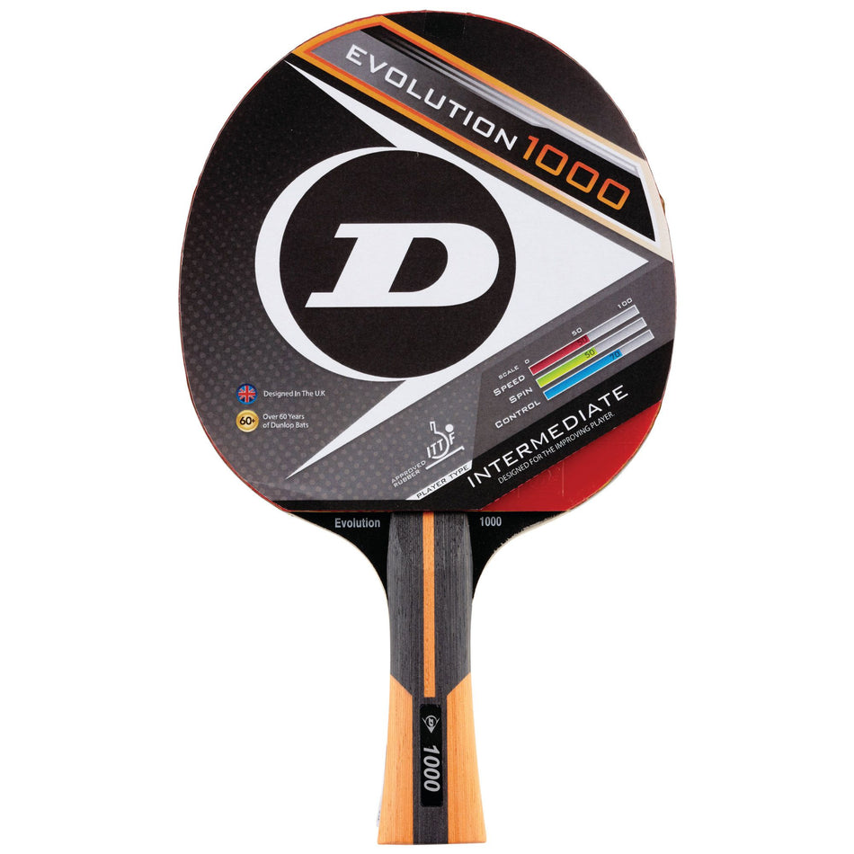 The Dunlop Evolution 1000 Table Tennis Bat, labeled "Intermediate," features a black, orange, and white design with a speed, spin, and control chart—perfect for intermediate players seeking balanced performance.