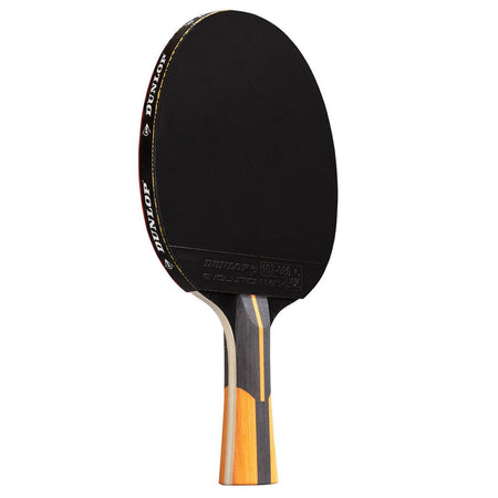 The Dunlop Evolution 1000 Table Tennis Bat features a black blade and an orange, gray, and wood-patterned handle. Shown upright against a white background, it’s ideal for intermediate players seeking precision and control.