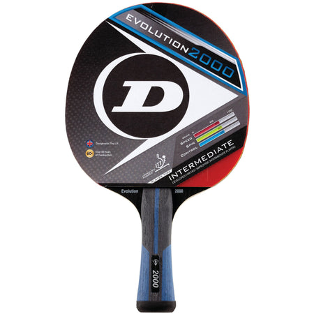 The Dunlop Evolution 2000 Table Tennis Bat by Dunlop features ITTF rubber, a black, blue, and red design, plus branding and ratings for control, speed, and spin on the paddle’s face.