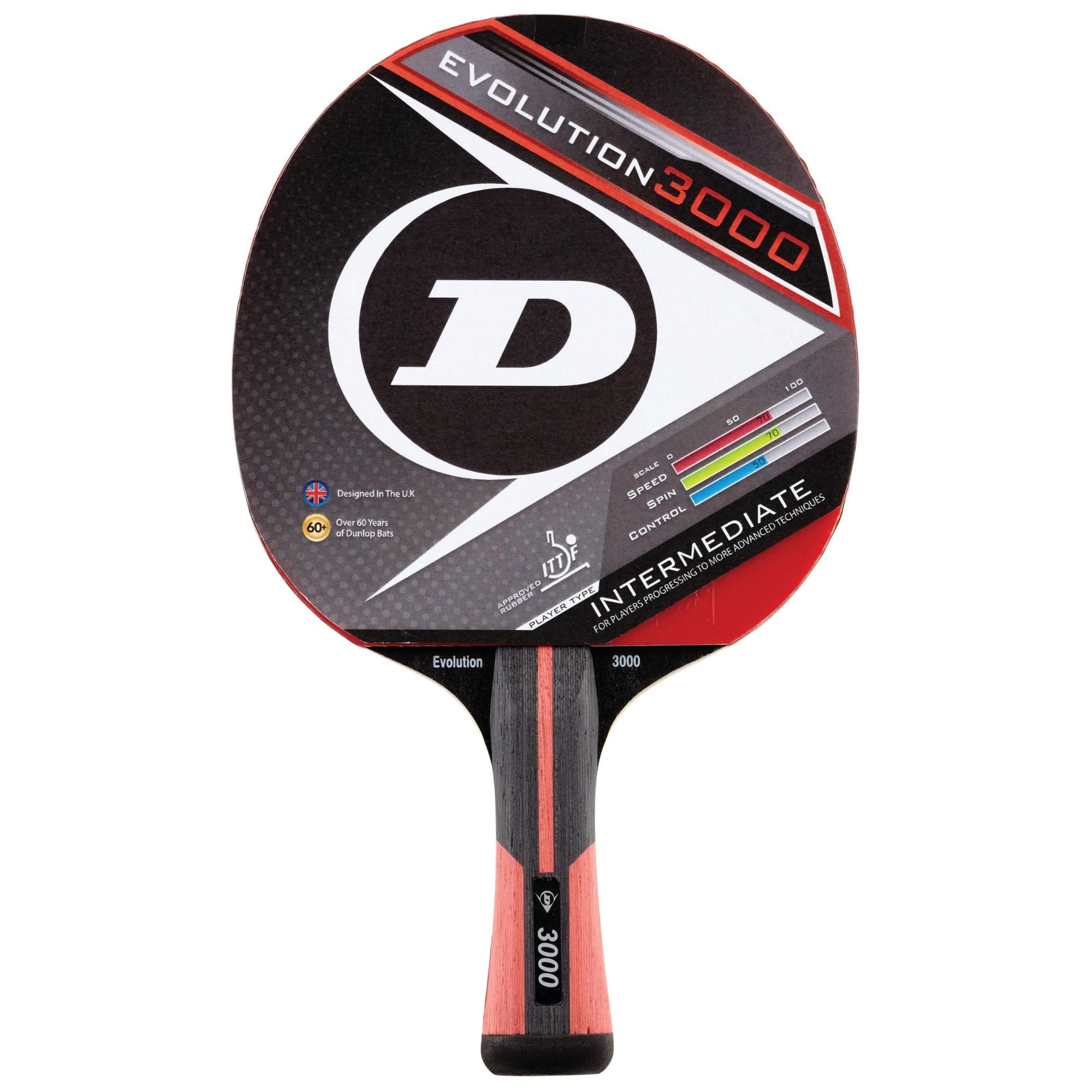 The Dunlop Evolution 3000 Table Tennis Bat features a red and black design, Intermediate label, ITTF rubber ratings, prominent Dunlop branding on the blade, plus a black handle with red and gray accents.