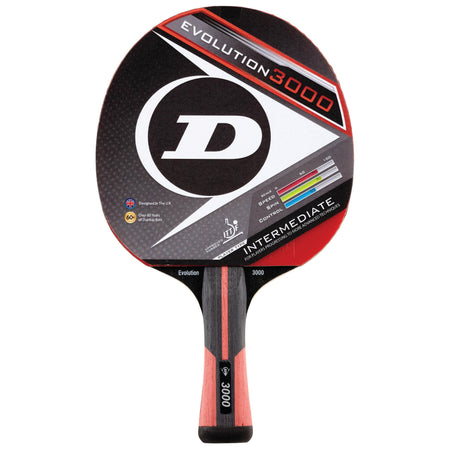 The Dunlop Evolution 3000 Table Tennis Bat features a red and black design, Intermediate label, ITTF rubber ratings, prominent Dunlop branding on the blade, plus a black handle with red and gray accents.