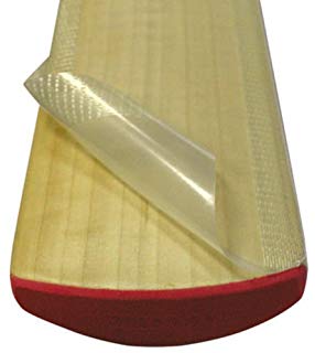A close-up of a cricket bat blade during the Martin Berrill Sports Cricket Bat Repair – Pre Season & End of Season Clean up, with a transparent sheet peeled back to show the bat’s grain and red edge.