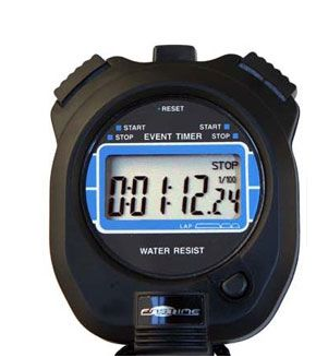 The Fastime 3 Stopwatch by Fastime is a black professional timer with an easy-to-read display showing 1:12.21, Start/Stop and Reset buttons, and Water Resist at the bottom—ideal for timing single events.