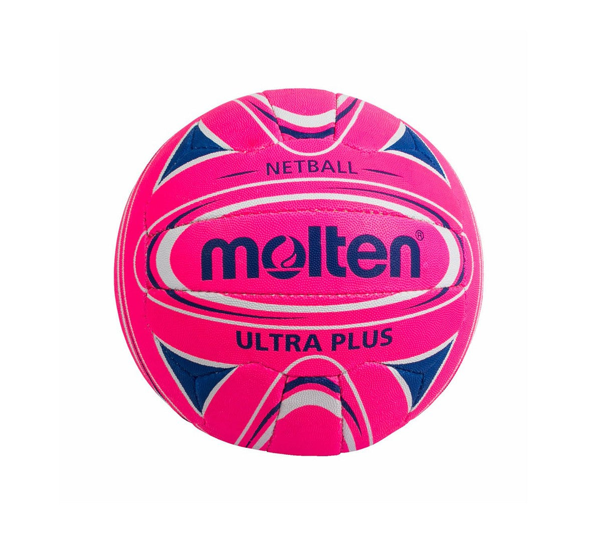 A bright pink Molten Fast 5 International Netball with blue and white curved accents, hand-stitched panels for grip, and the words molten and Fast 5 International printed on the surface.