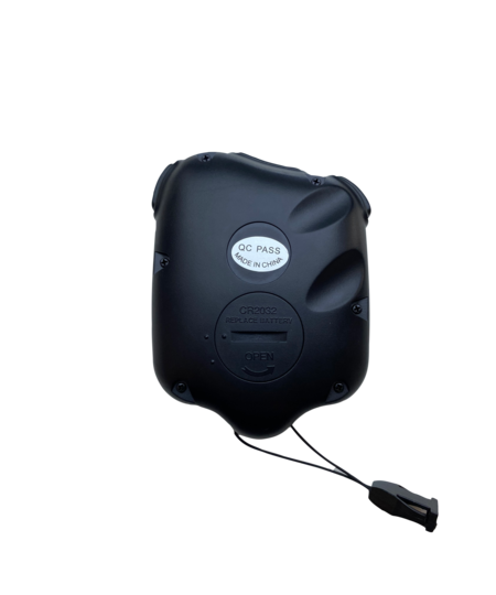 The Fastime 14X Stopwatch by Fastime is a black, rounded triple display stopwatch with a lanyard and a QC PASS MADE IN CHINA label, displayed on a plain white background.