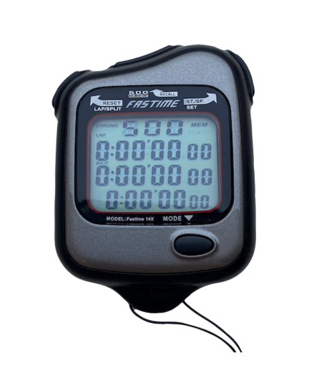 The Fastime 14X Stopwatch is a digital handheld device with a large triple display showing zeros and top buttons labeled Reset/Split and Start/Stop. The Fastime brand name appears above the screen.
