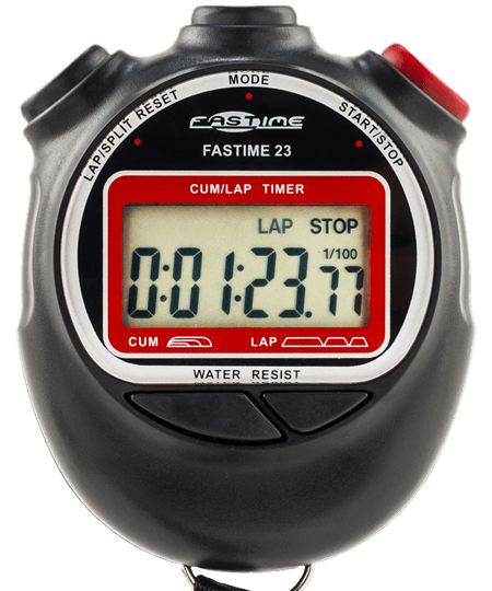 The Fastime 23 Spotwatch by Fastime is a black digital stopwatch displaying 1:23.77 with Lap/Split Reset and Start/Stop buttons, “Water Resist” below the screen, and “Fastime 23” branding.