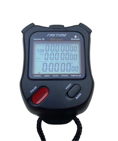 The Fastime 9X Stopwatch by Fastime is black with a display for multiple timing functions, including stroke rate, pulse and mode buttons, lap memory, and an attached black cord. The brand name FASTIME is visible at the top.