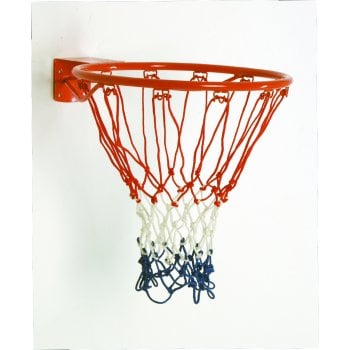 The Sure Shot Fixed Netball Ring by Sure Shot features an orange steel ring and a red, white, and blue nylon net, mounted on a plain white wall.