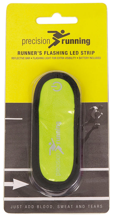 The Precision Training Precision Running Flashing LED Strip features a neon yellow band with reflective bar and power symbol. Packaging highlights high visibility and states: JUST ADD BLOOD, SWEAT AND TEARS.