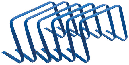 The Precision Training Precision Flat Hurdles Set (Set of 6) features lightweight blue hurdles arranged in a staggered row, ideal for athletic exercises and agility drills to boost speed and coordination during training.