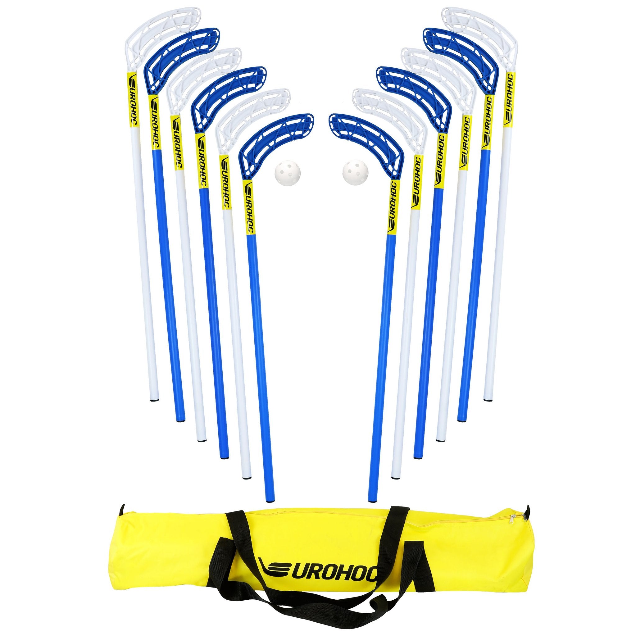 The Eurohoc Floorball Club Set by Eurohoc includes six white sticks, six blue sticks, two white balls, and a yellow carrying bag—ideal for active team games that enhance hand-eye coordination, shown on a white background.