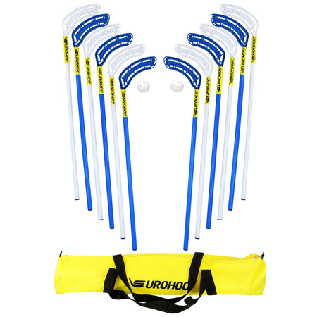 The Eurohoc Floorball Club Set by Eurohoc includes six white sticks, six blue sticks, two white balls, and a yellow carrying bag—ideal for active team games that enhance hand-eye coordination, shown on a white background.