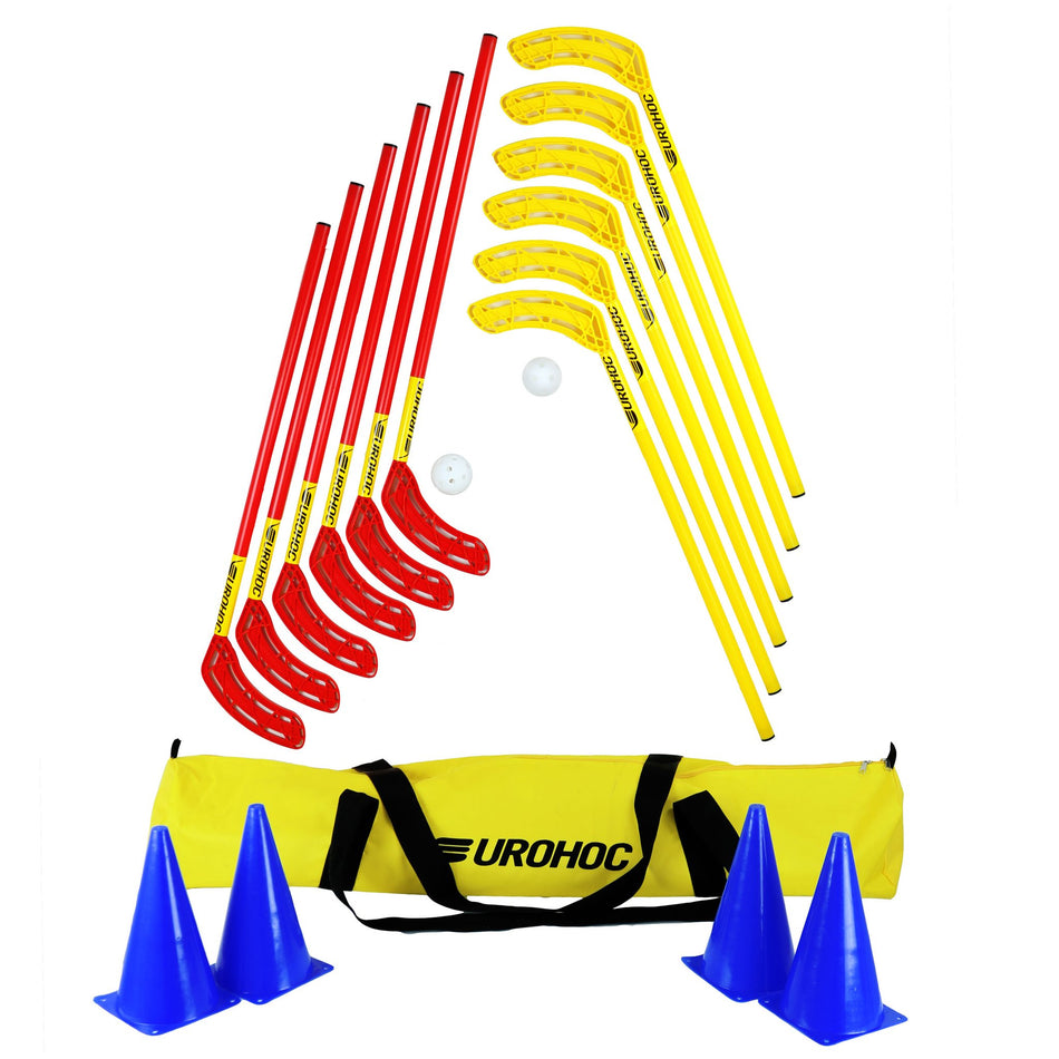 The Eurohoc Floorball Junior Set by Eurohoc includes six yellow sticks, six red sticks, two white balls, four blue cones, and a yellow carrying bag—perfect for building hand-eye coordination. All items are displayed on a white background.