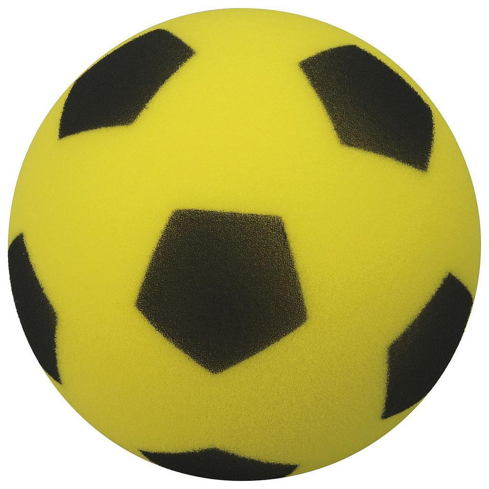 The Precision Training Precision "Painted" Foam Ball (High Density) is a yellow foam football featuring black pentagon-shaped patches for a classic soccer ball look.