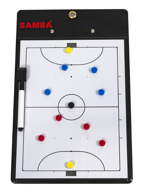 The Samba Sports Futsal Coaches Clipboard features magnetic red, yellow, and blue markers on a pitch, a dry wipe pen attached at the side, and "SAMBA" in red at the top left.