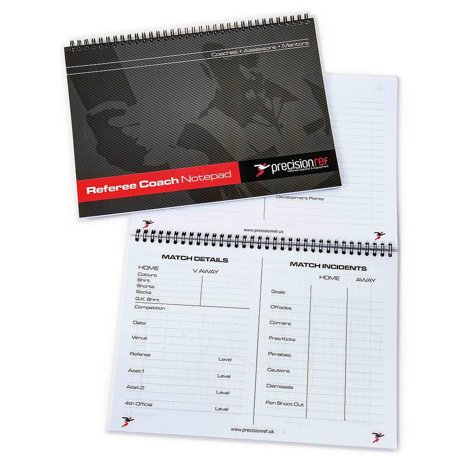 The Precision Training A4 Football Referee Assessors Notebook features a black and red spiral-bound cover, match record pages with sections for teams, scores, events, pitch diagrams—ideal for referee assessors to record details and incidents.
