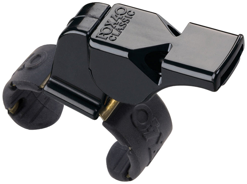 The Fox 40 Classic Official Fingergrip Whistle by Fox 40 features an adjustable finger grip, letting referees wear it securely on their hand for reliable use.