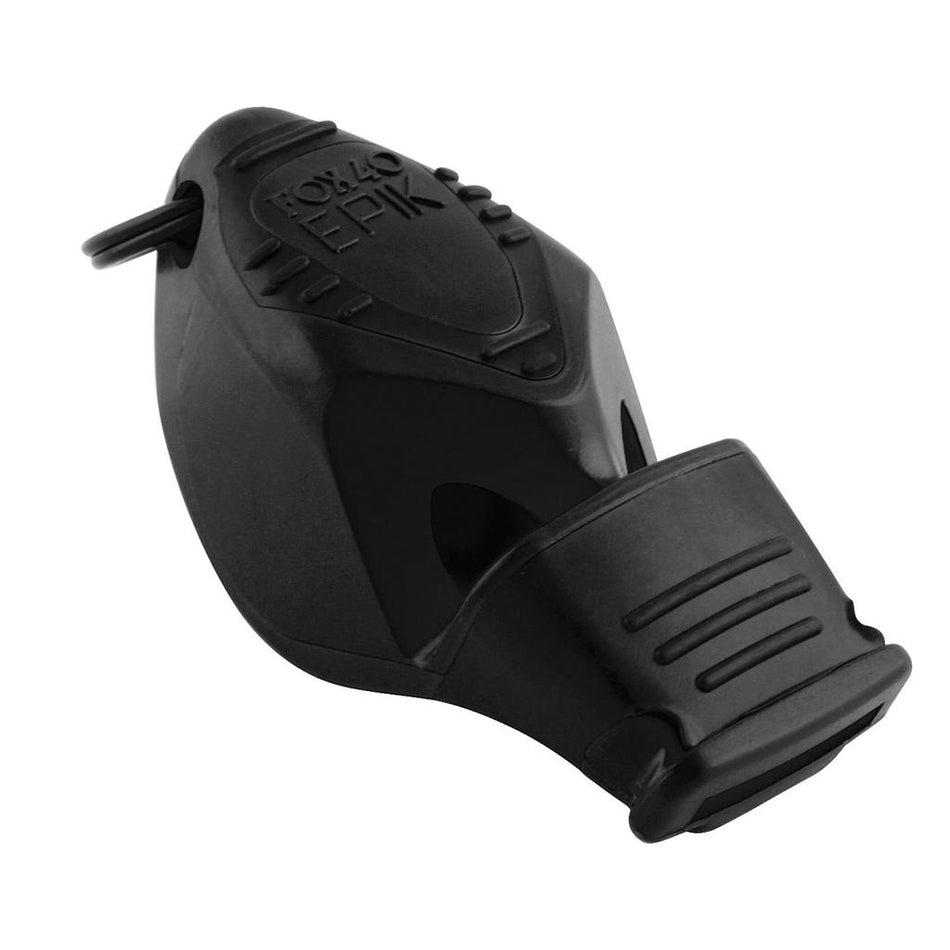 The Fox 40 Epik CMG Official Whistle and Strap by Fox 40 is a black plastic pealess whistle with a rounded body, textured grip, Cushioned Mouth Grip, secure mouthpiece, and produces a powerful 115 dB sound.