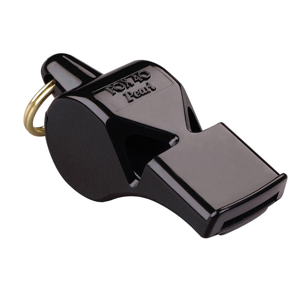 The Fox 40 Pearl Official Whistle and Strap is a black plastic pealess whistle with a gold keyring and embossed branding, ideal for referees and coaches.