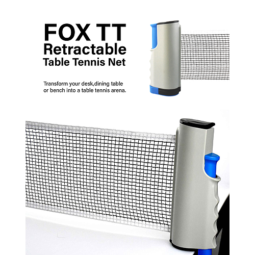 A close-up of the FoxTT Retractable Table Tennis Net with gray and blue grips attached to a table. This portable net lets you turn any desk, dining table, or bench into a table tennis game arena.
